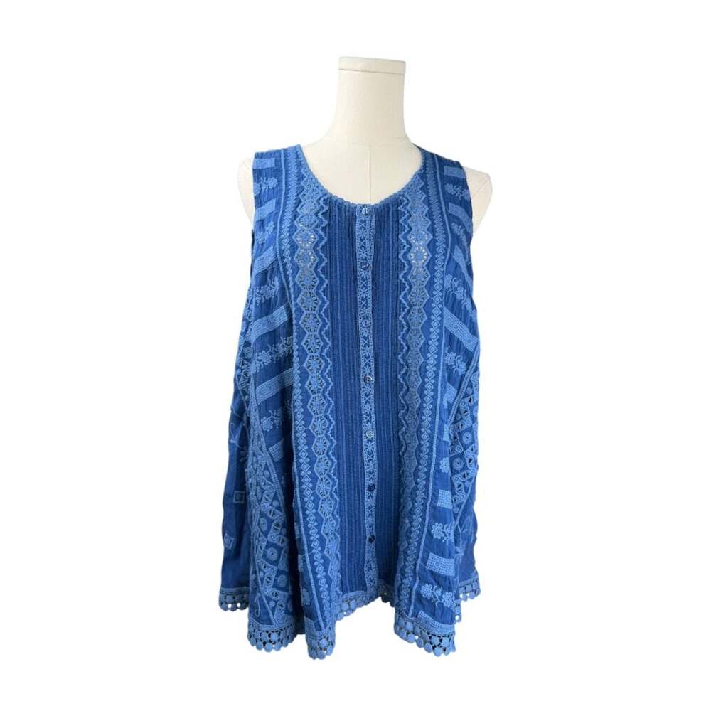 Johnny Was Blue Embroidered Button Down Tank Top XS